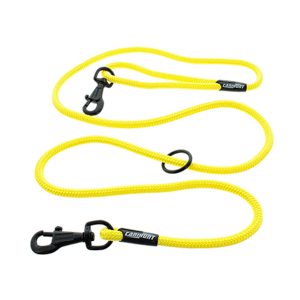 Laisse en paracorde jaune avec 2 snaps noirs et un anneau d'attache multipostions marque CANIHUNT