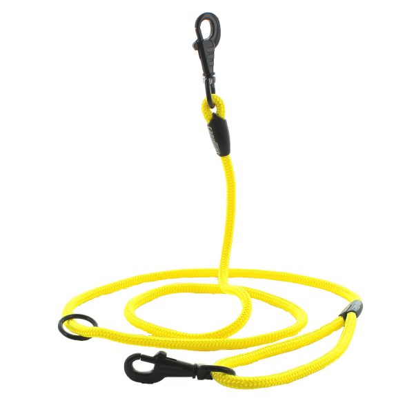Laisse en paracorde jaune avec 2 snaps noirs et un anneau d'attache multipostions marque CANIHUNT