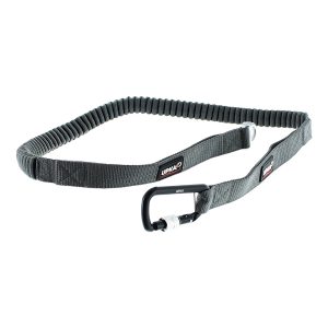 Laisse de chien amortie en sangle grise avec mousqueton léger, idéale pour la pratique du canicross